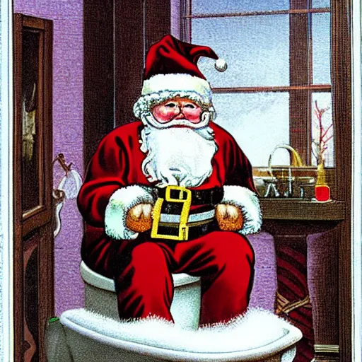 Image similar to santa claus sitting on a toilet in someone's bathroom in the style of currier and ives