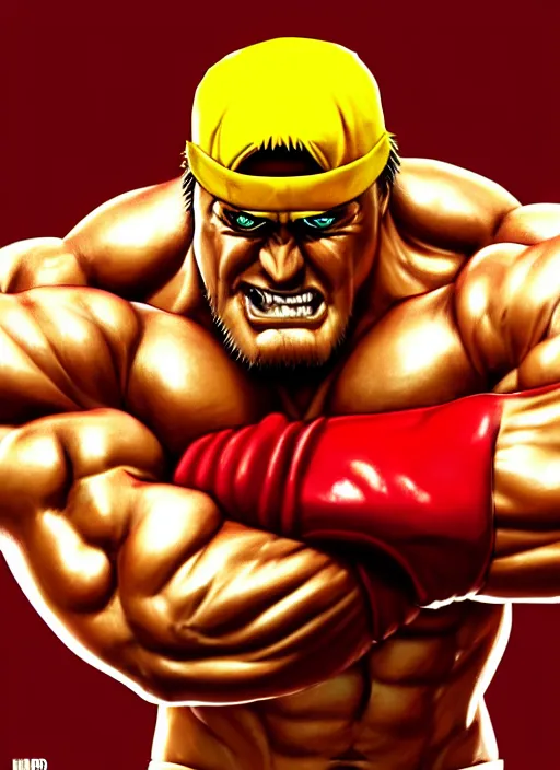 Image similar to wwf hulk hogan 1 9 9 0, wide angle view, red and yellow color scheme, highly detailed, artgerm, cushart krenz, king of fighters style, trending on artstation, soft light, sharp focus, illustration, character design, concept art