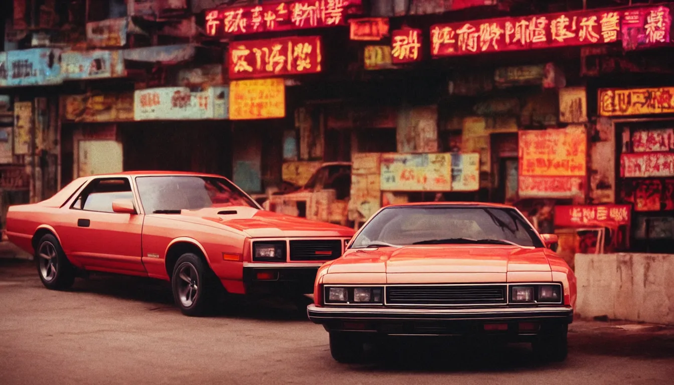 Image similar to 8 0 s asian neon movie still, portrait of a vintage muscle car, medium format color photography, blurred background, movie directed by kar - wai wong, hyperrealistic, photorealistic, high definition, highly detailed, tehnicolor, anamorphic 5 0 mm lens