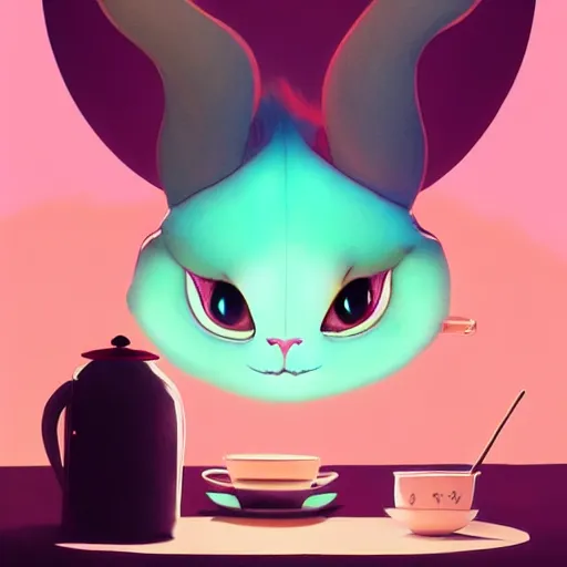 Image similar to cheshire cat drinking tea, in the style of atey ghailan and james gilleard, exquisite lighting, art, very coherent, trending on artstation