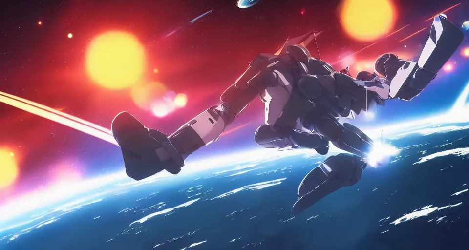 Prompt: RX-78-2 in the science fiction anime series gundam by makoto shinkai, flying through space, beautiful, interstellar, cinematic, shooting star, gundam