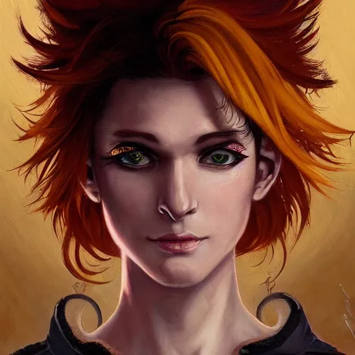 Image similar to dnd character portrait of a beautiful and androgynous half - elf with messy short red hair and catlike features and dark skin and yellow eyes with slit pupils, glowing, golden hour, wearing a colorful men's suit, realistic painting by ross tran and gerald brom and alphonse mucha, trending on artstation