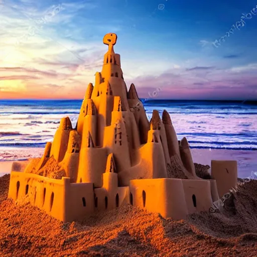 Prompt: enormous sand castle at sunset in the beach, photorealistic