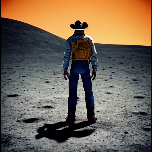 Prompt: cowboy standing on the moon, planet earth in the sky, photorealistic, octane render, blender render, unreal engine, 3 5 mm