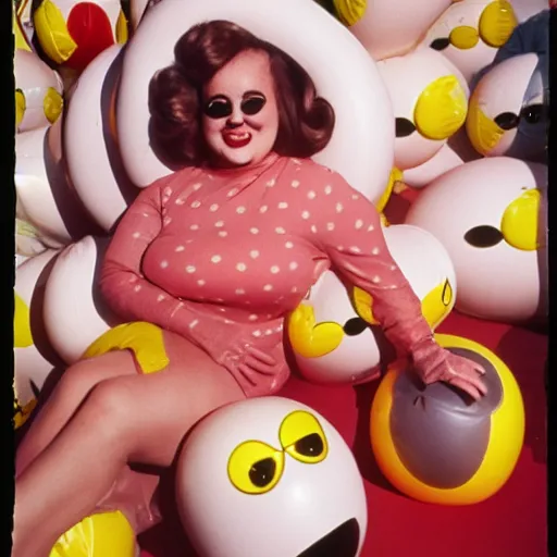 Image similar to 1976 glamorous curvy woman wearing an inflatable smiley head, wearing a dress, in a small village full of inflatable animals, 1976 French film archival footage technicolor film expired film 16mm Fellini new wave John Waters Russ Meyer movie still