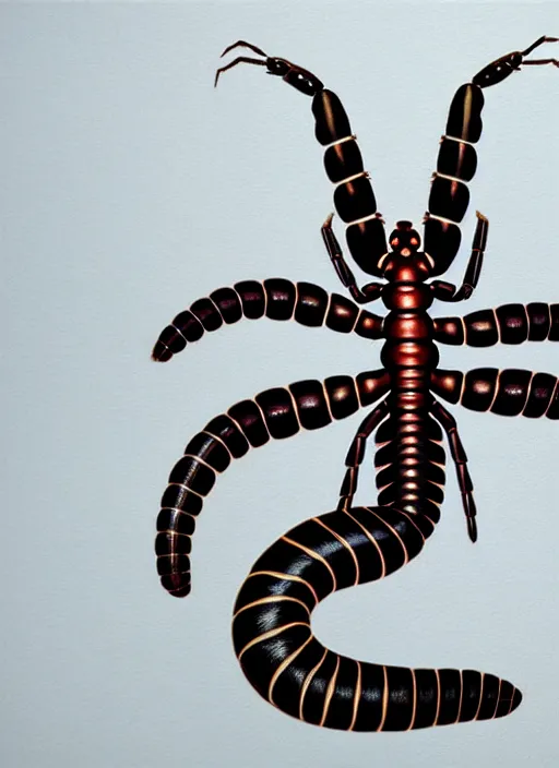 Image similar to beautiful matte airbrush portrait of a scolopendra on a white background, 8 0's airbrush aesthetic, art by pater sato