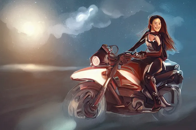 Image similar to michelle yeoh is riding a motorbike, digital painting, artstation, the space background, concept art, illustration,