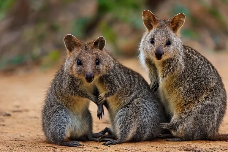 Prompt: “a quokka and wallaby smiling and hugging each other, nature photography”