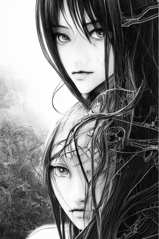 Image similar to a vertical portrait of a character in a scenic environment by Yoshitaka Amano, black and white, dreamy, cybernetic, wavy long black hair, highly detailed