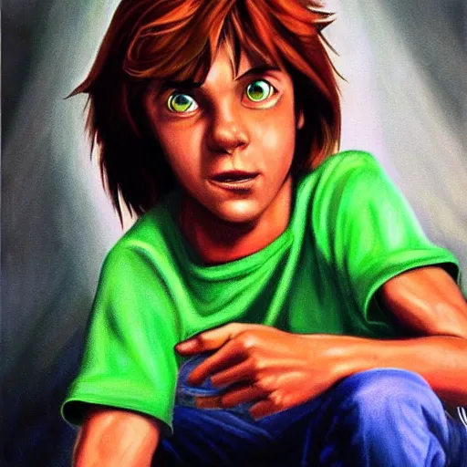 Image similar to an ultra - realistic portrait painting of shaggy rogers in the style of alex ross. 4 k. ultra - realistic. highly detailed. epic lighting.