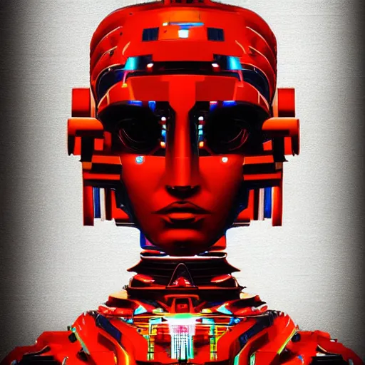 Image similar to robot woman, aztec design, cyber punk, brutalism