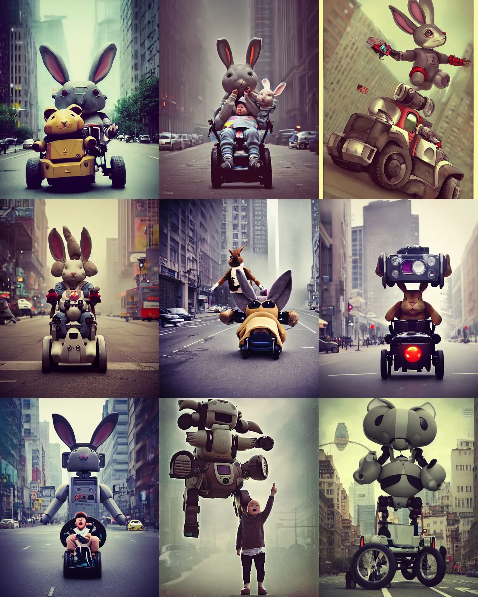 Prompt: epic pose!!! giant oversized battle rabbit robot chubby mech baby sport wheelchair! double decker with giant oversized ears and rabbit babies screaming at the camera in winning pose ,in busy city , full body , Cinematic focus, Polaroid photo, vintage , neutral dull colors, soft lights, foggy mist , by oleg oprisco , by national archives, by discovery channel, by victor enrich , by gregory crewdson