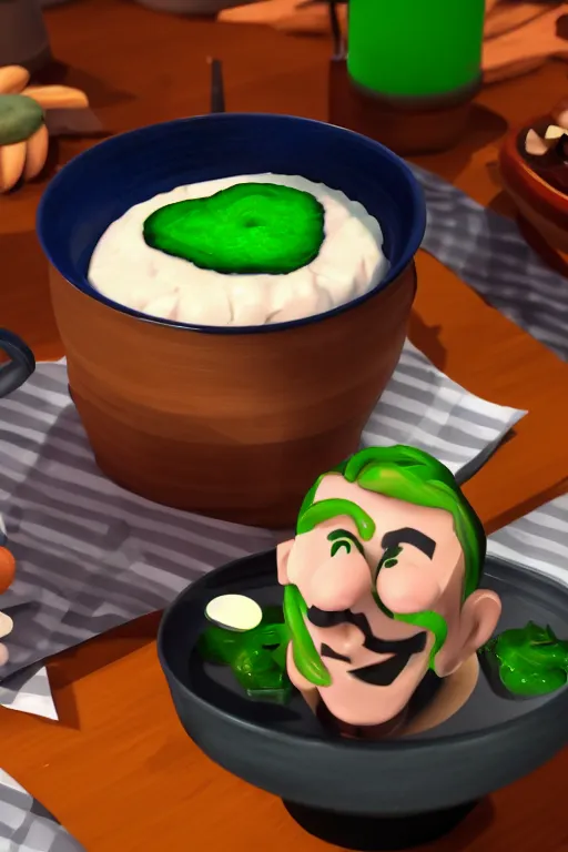 Image similar to 📷 jacksepticeye is soup, made of food, head portrait, dynamic lighting, 4 k