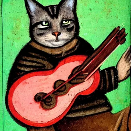 Prompt: medieval portrait of a cat playing guitar, colorful