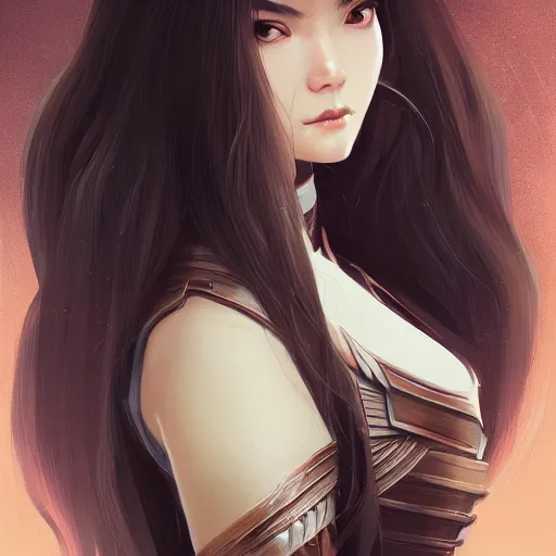 Image similar to a beautiful woman with long dark brown hair wearing armor, japanese fantasy, feudal japan, by lois van baarle, Ilya Kuvshinov, Stanley Artgerm Lau, WLOP, Rossdraws, trending on artstation,