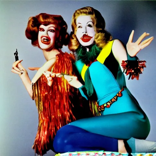 Image similar to 1976 film still glamorous woman photo and anthropological stomach, live action children's tv show, 16mm film live technicolor 1976, wacky colorful, in style of john waters doris wishman