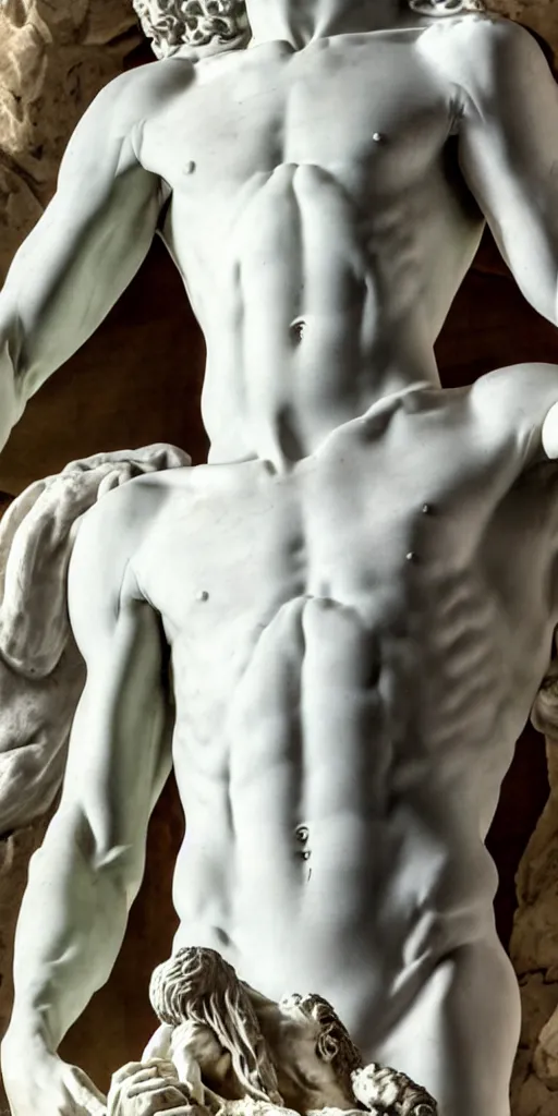 Prompt: twenty three year old michelangelo carving a block of white marble into the torso of the statue of david, photorealistic, hyperdetailed, studio lighting, octane render, caustics