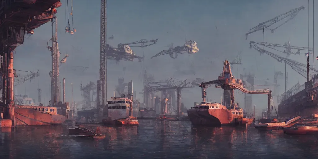 Image similar to old gigantic futuristic rusty boat, harbour of cyberpunk city, mist, cranes, spaceship cargo in dry dock, morning, some seagulls, greg rutkowski, artstation