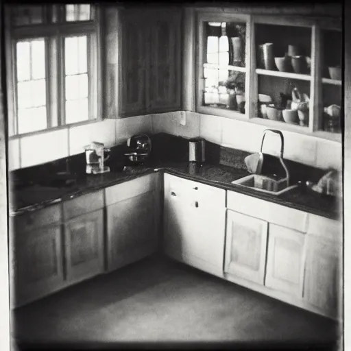 Image similar to grainy color photograph of a haunted being in a kitchen