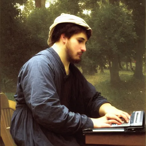 Image similar to an oil painting of an man playing a laptop, by Bouguereau, highly detailed and intricate,