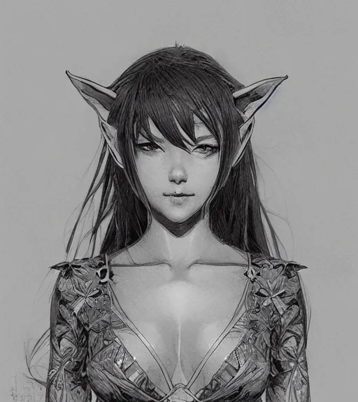 Image similar to portrait of anime elf girl wearing swimsuit, pen and ink, intricate line drawings, by craig mullins, ruan jia, kentaro miura, greg rutkowski, loundraw