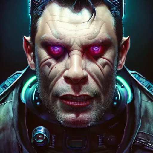 Prompt: portrait painting of a cyberpunk orc medic muscular michael sheen, ultra realistic, concept art, intricate details, eerie, highly detailed, photorealistic, octane render, 8 k, unreal engine. art by artgerm and greg rutkowski and charlie bowater and magali villeneuve and alphonse mucha