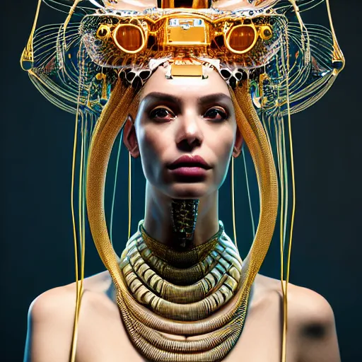 Image similar to portrait of an absurdly beautiful, graceful, sophisticated, fashionable egyptian cyberpunk mechanoid gravure idol, hyperdetailed illustration by irakli nadar, matt wisniewski style, intricate linework, fashion photography, porcelain skin, jellyfish headdress, golden cable necklace, unreal engine 5 highly rendered, radiant light, detailed and intricate environment