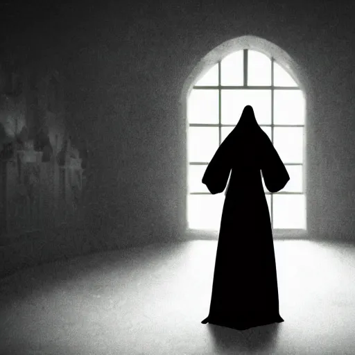 Image similar to haunted asylum with an evil nun hiding in the shadows, realistic, cinematic