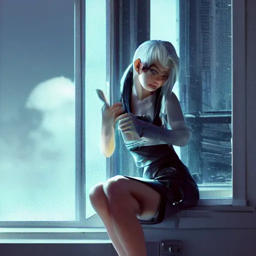 Prompt: white haired girl in a miniskirt sitting on a window, cyberpunk, digital art, expressive oil painting, highly detailed, trending on artstation, octane render