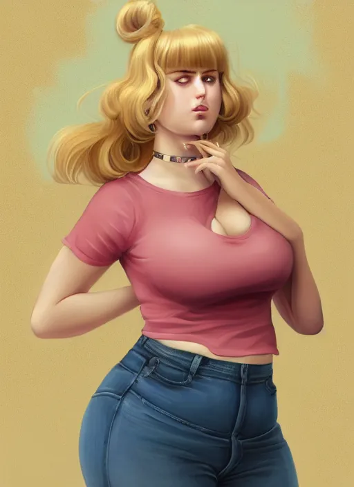 Image similar to full body teenage betty cooper, blonde hair, obese, bangs, ponytail, sultry, realistic, sultry smirk, ponytail, fluffy bangs, curly bangs, fat, belly, beautiful girl, intricate, elegant, highly detailed, digital painting, artstation, concept art, smooth, sharp focus, illustration, art by wlop, mars ravelo and greg rutkowski