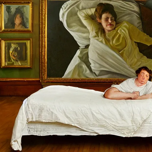 Image similar to lucian freud painting of ema stone on a victorian bed in a big old room, wide shot