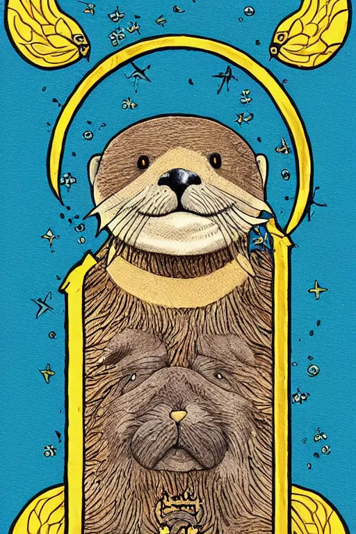 Image similar to tarot card illustration depicting a sea otter on the card the seven of fish, framed in an elaborate golden line border, tarot card, detailed illustration, sea otter, furry art, artstation, 4 k