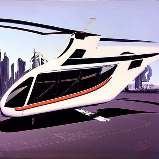 Image similar to concept art for bus + helicopter, painted by syd mead, high quality