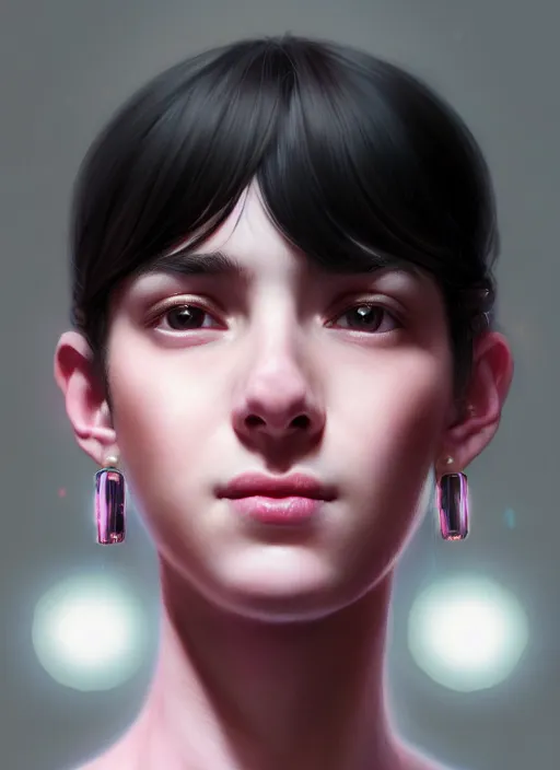 Image similar to portrait of teenage girl, narrow face, black hair, bangs, half updo hairstyle, skinny, smile, unattractive, defined jawline, big chin, wearing pink hair bow, earrings, intricate, elegant, glowing lights, highly detailed, digital painting, artstation, sharp focus, illustration, art by wlop, mars ravelo and greg rutkowski