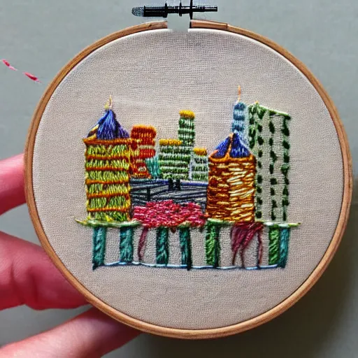 Image similar to a tiny beautiful handmade embroidery of a city. hand embroidery.