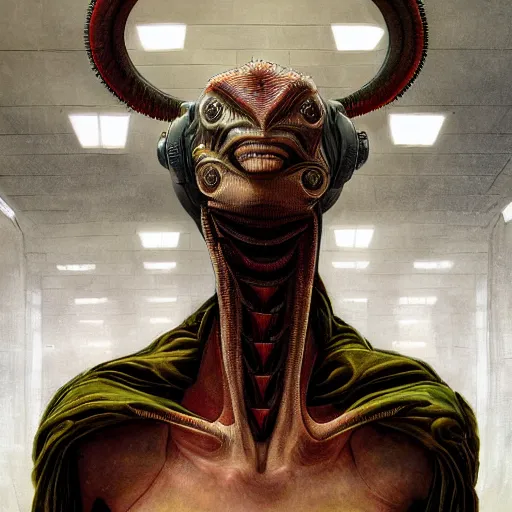 Image similar to portrait of tall, long-necked lipless mutant with scaled face and serpent eyes wearing gauze toga and standing in cyberpunk art deco mosque, alien bestiary by Barlowe, Greg Rutkowski, and Yoshitaka Amano