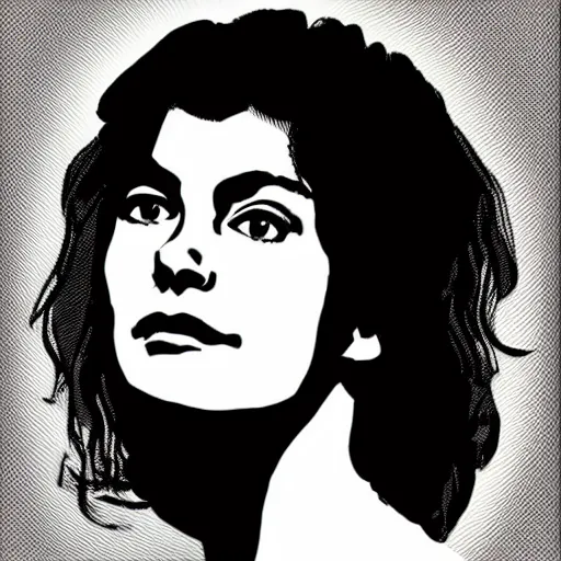 Image similar to portrait of young audrey tautou, vector art, line art, engraving illustration