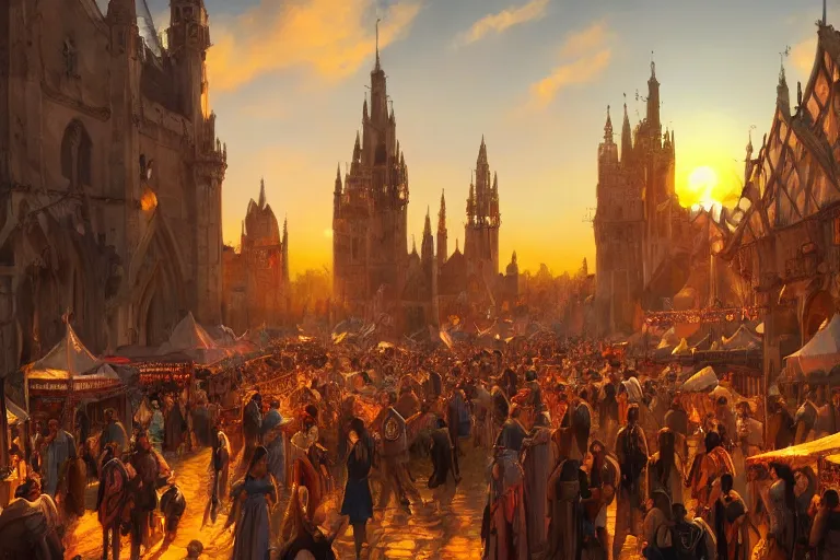 Prompt: crowded medieval market, sunset, cinematic, Artstation