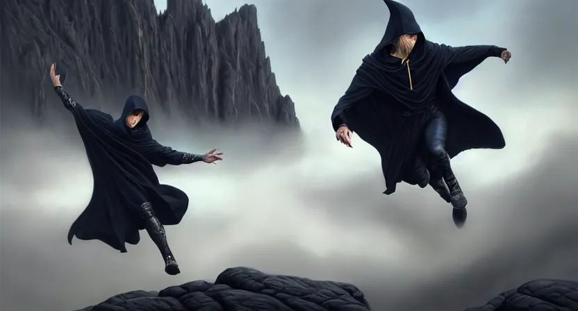 Prompt: handsome mage running away from giant condor, black hair wearing square hooded gothic navy cloak with gold details, misty cliffside, movie action still frame, ultra wide horizon, intricate, elegant, highly detailed, hyperrealism, digital painting, concept art, smooth, sharp, focus, illustration, art by artgerm, greg rutkowski, ilya kuvshinov