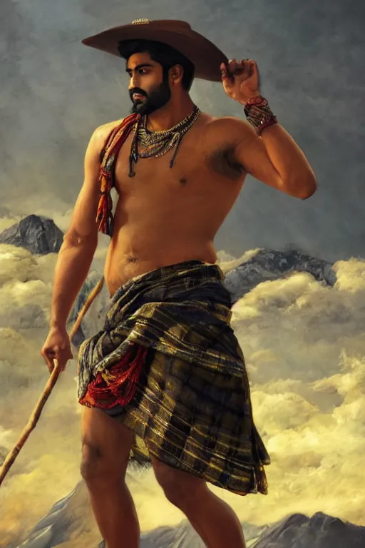 Prompt: a dramatic epic beautiful painting of a handsome shirtless desi man in the mountains | he is wearing a plaid kilt and cowboy hat, and holding a walking stick | background is mountains! and clouds | dramatic lighting, golden hour, homoerotic | by mark maggiori and walter crane | trending on artstation