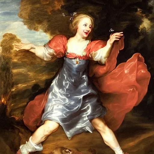 Image similar to female portrait, Theresa May as a smiling hapa sorceress chasing will-o-wisps casting a fireball in a garden, detailed painting by Anthony Van Dyck