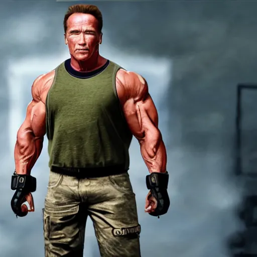 Prompt: a screenshot of arnold schwarzenegger in cs : go, full body shot