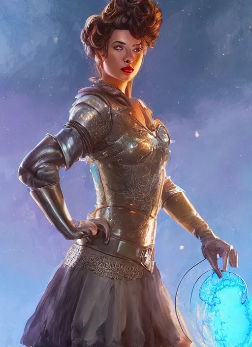 Prompt: beautiful female dorothy gale, rebecca romijn as dorothy, full body character concept, covered in full iron armor, armor plating, art nouveau, super powers, fantasy, intricate, elegant, highly detailed, digital painting, artstation, concept art, shining, sharp focus, illustration, art by stanley lau