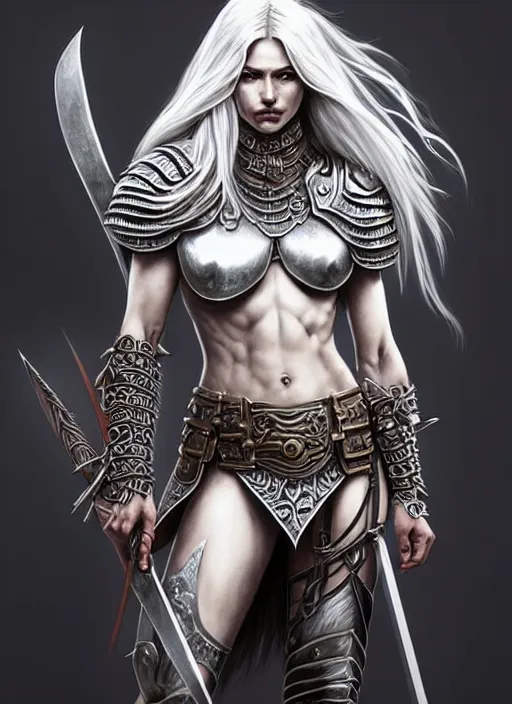 Image similar to barbarian, plated armor!!! long wild white hair!! covered chest!!! fantasy, d & d, intricate ornate details, digital painting, pretty face!!, symmetry, concept art, sharp focus, illustration, art by artgerm! greg rutkowski magali villeneuve wlop! ilya kuvshinov!!, octane render