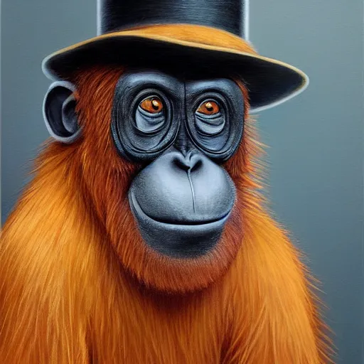 Image similar to portrait painting of an anthropomorphized orangutan, wearing a monocle and a small bowler hat, oversized mustache. dark outlining style. highly detailed. trending on artstation. slightly surreal, hyper realistic. style of chuck u