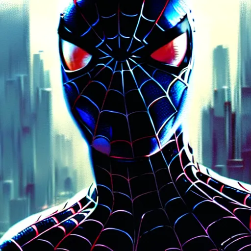 Prompt: futuristic depiction of spiderman, futuristic style spiderman, cyberpunk, craig mullins, large eyes, white webbing, comic book art