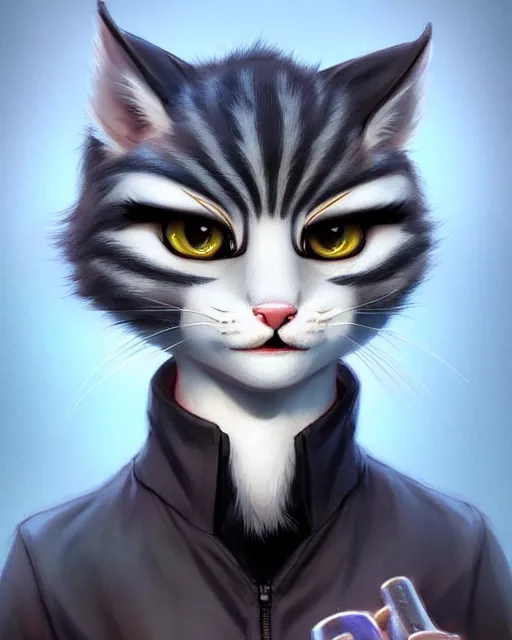 Image similar to character concept art of a young male anthropomorphic furry cat | | cute - fine - face, pretty face, key visual, realistic shaded perfect face, fine details by stanley artgerm lau, wlop, rossdraws, james jean, andrei riabovitchev, marc simonetti, and sakimichan, trending on artstation