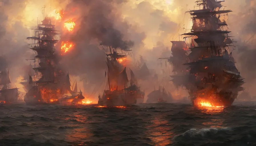 Image similar to A highly detailed matte painting of huge pirate ship battle with fire, smokes and explosions by Studio Ghibli, Makoto Shinkai, by Artgerm, by WLOP, by Greg Rutkowski, volumetric lighting, octane render, 4K resolution, trending on artstation, masterpiece