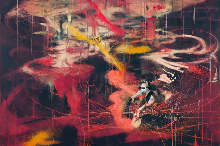 Prompt: the physical impossibility of death, in a brutalist designed space ship, rich deep colours, painted by francis bacon, adrian ghenie, james jean and petra cortright, part by gerhard richter, part by takato yamamoto. 8 k masterpiece