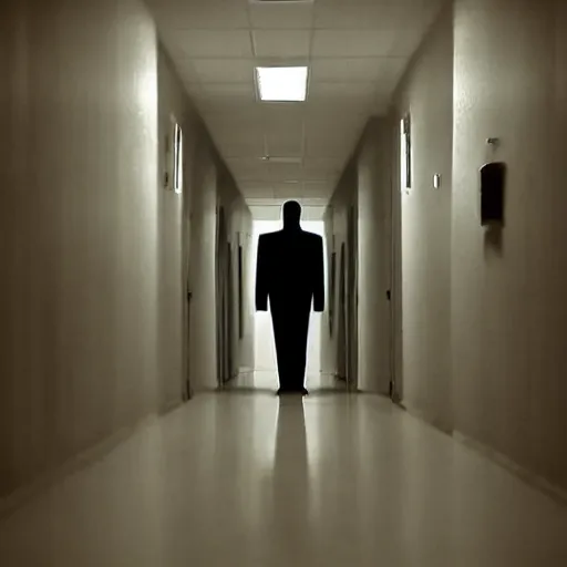 Prompt: a creepy office hallway. a figure at the end of a hallway. craiglist photo.